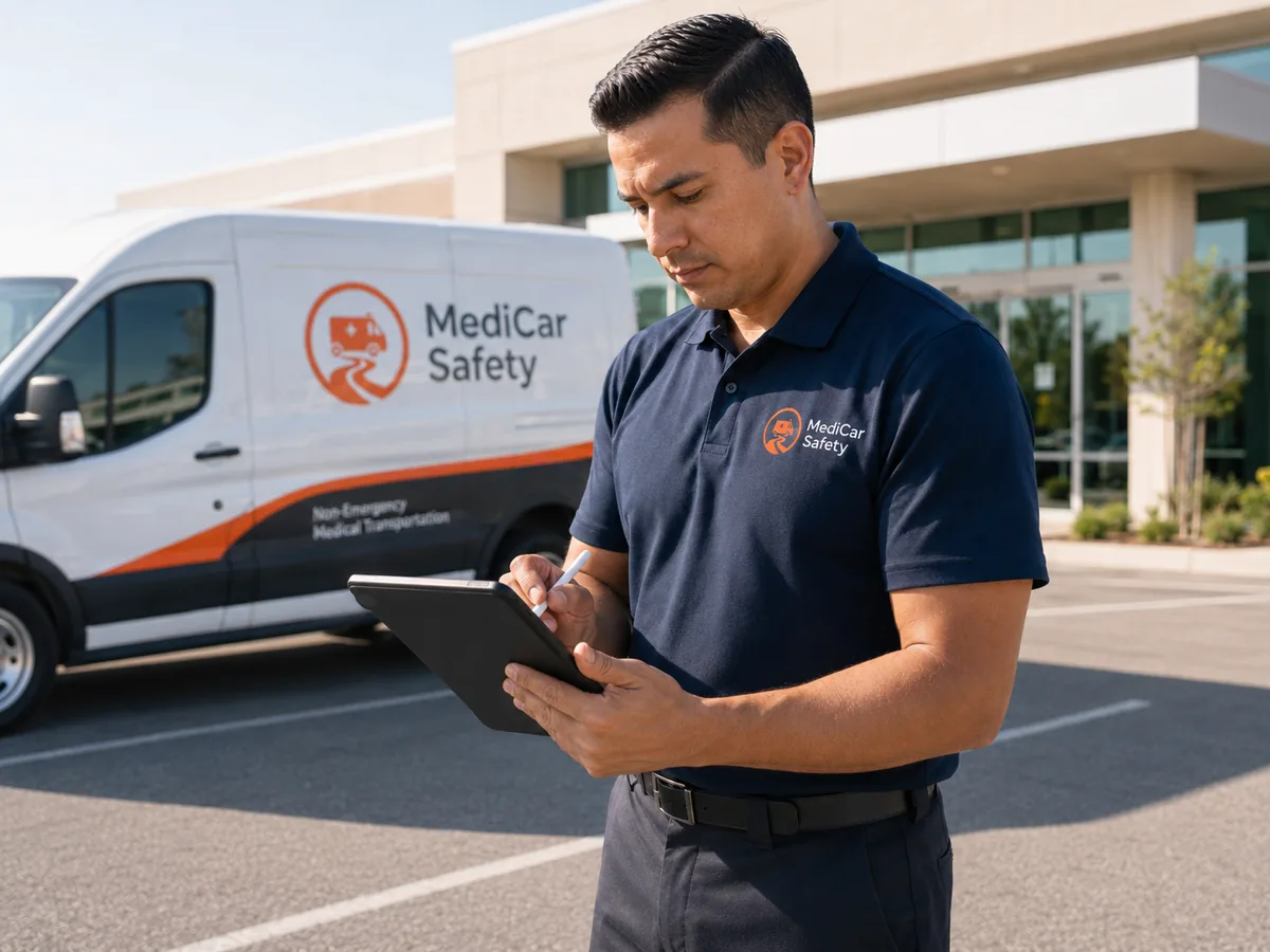 MediCar Safety NEMT driver with a branded transport van in Illinois
