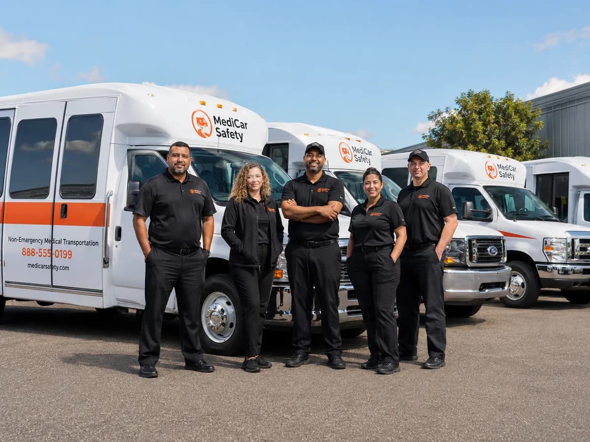 MediCar Safety NEMT team in front of their transport fleet in Illinois