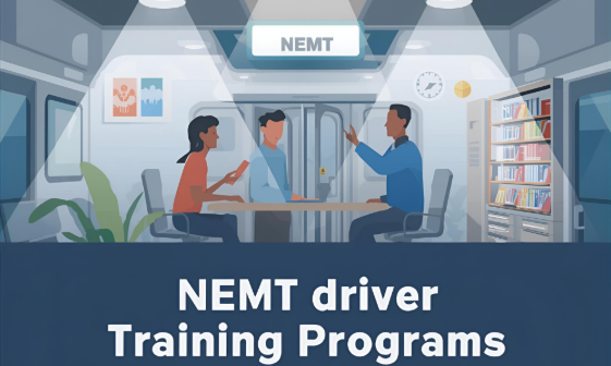 Instructor guiding students through a non-emergency medical transportation driver training program